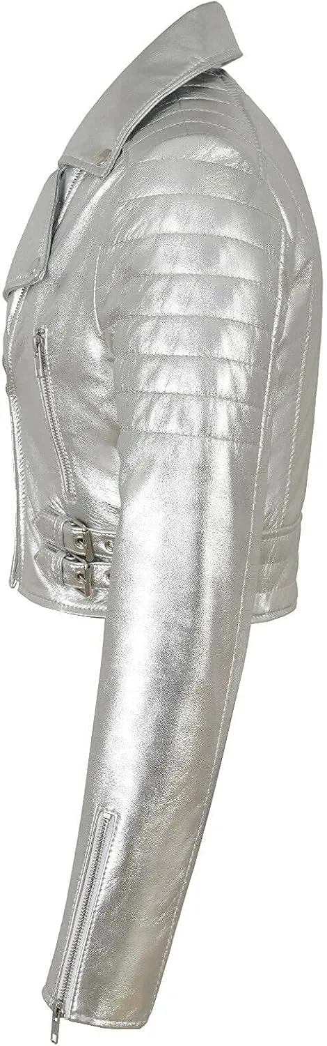 LP-FACON Womens Foil Metallic Short Body Brando Punk Motorcycle Biker Crop Leather Jacket Golden/Silver