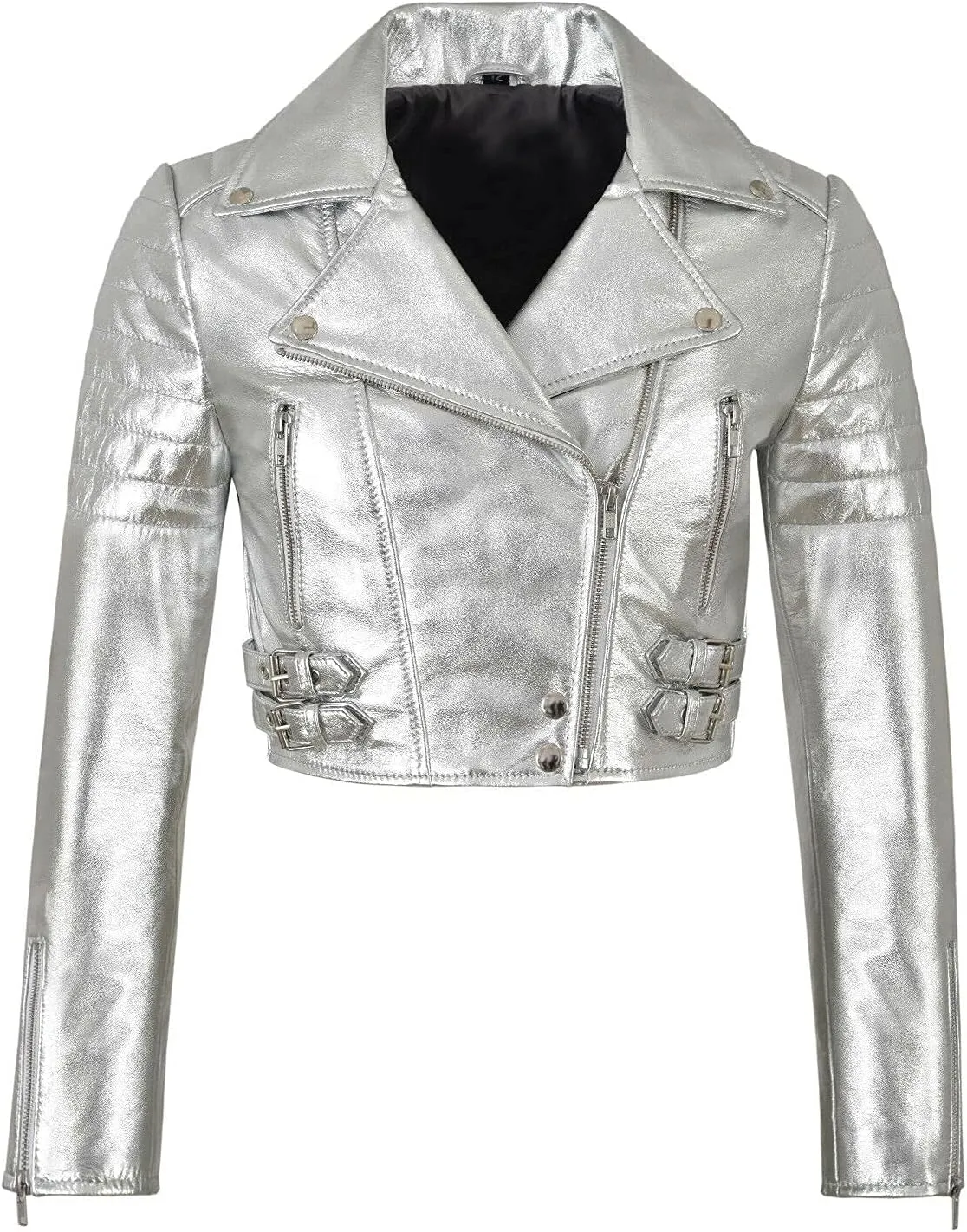 LP-FACON Womens Foil Metallic Short Body Brando Punk Motorcycle Biker Crop Leather Jacket Golden/Silver