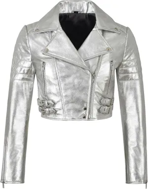 LP-FACON Womens Foil Metallic Short Body Brando Punk Motorcycle Biker Crop Leather Jacket Golden/Silver