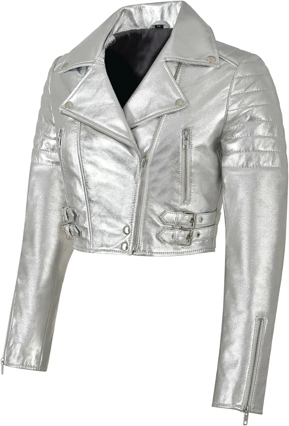 LP-FACON Womens Foil Metallic Short Body Brando Punk Motorcycle Biker Crop Leather Jacket Golden/Silver