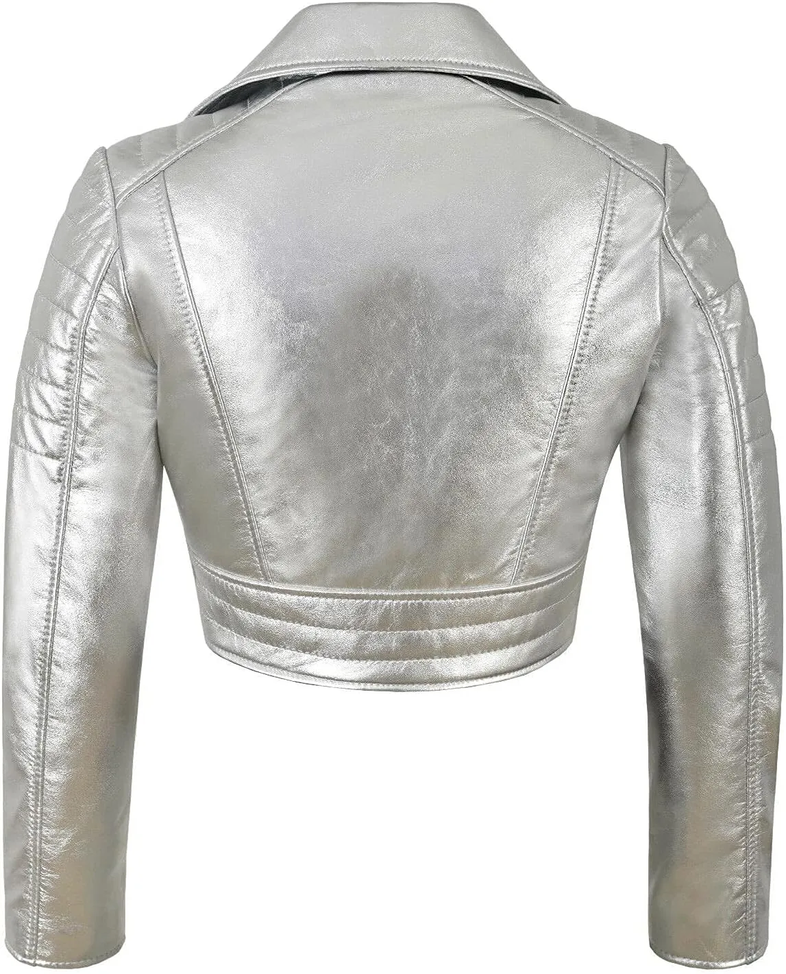 LP-FACON Womens Foil Metallic Short Body Brando Punk Motorcycle Biker Crop Leather Jacket Golden/Silver