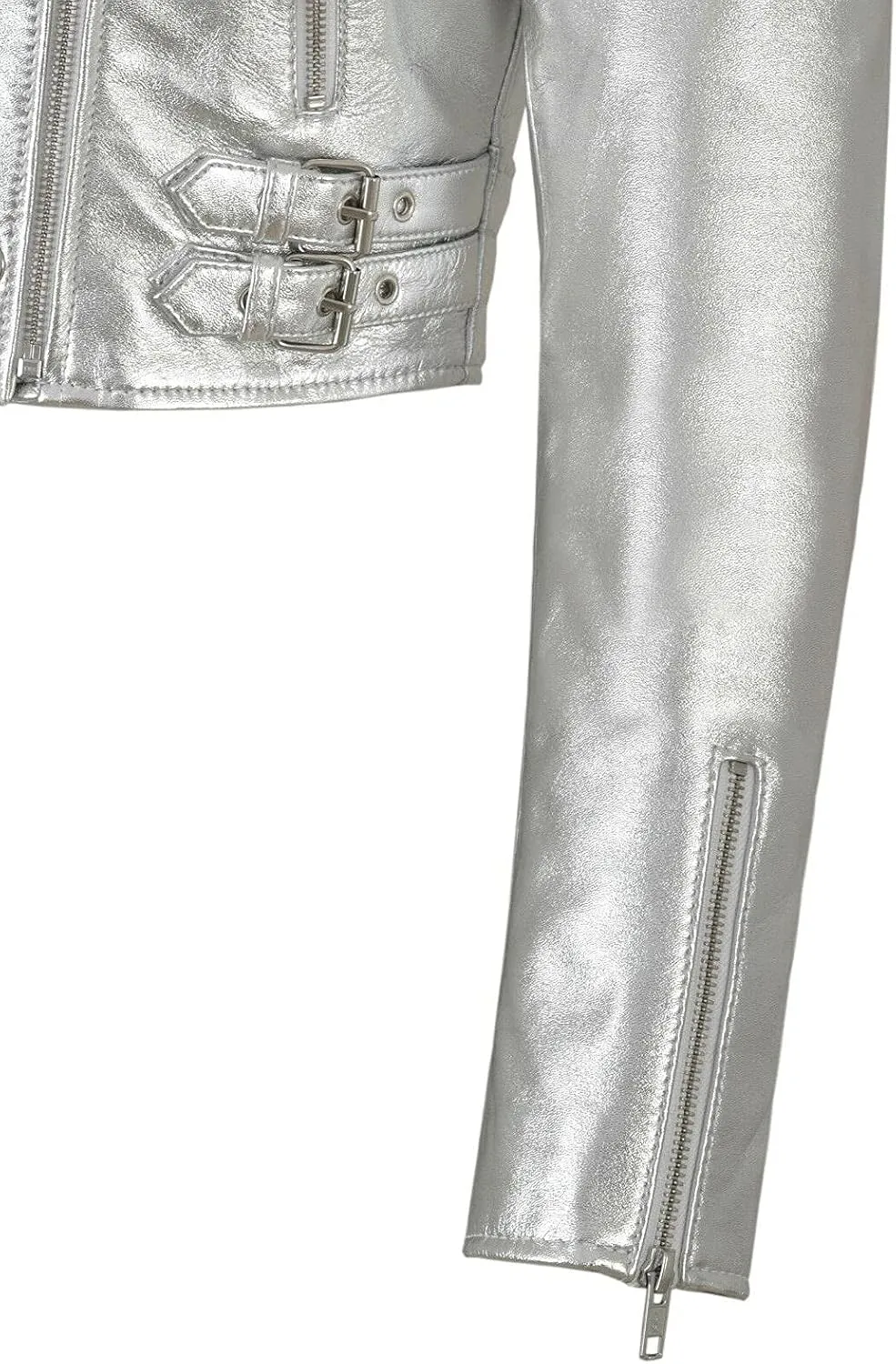 LP-FACON Womens Foil Metallic Short Body Brando Punk Motorcycle Biker Crop Leather Jacket Golden/Silver