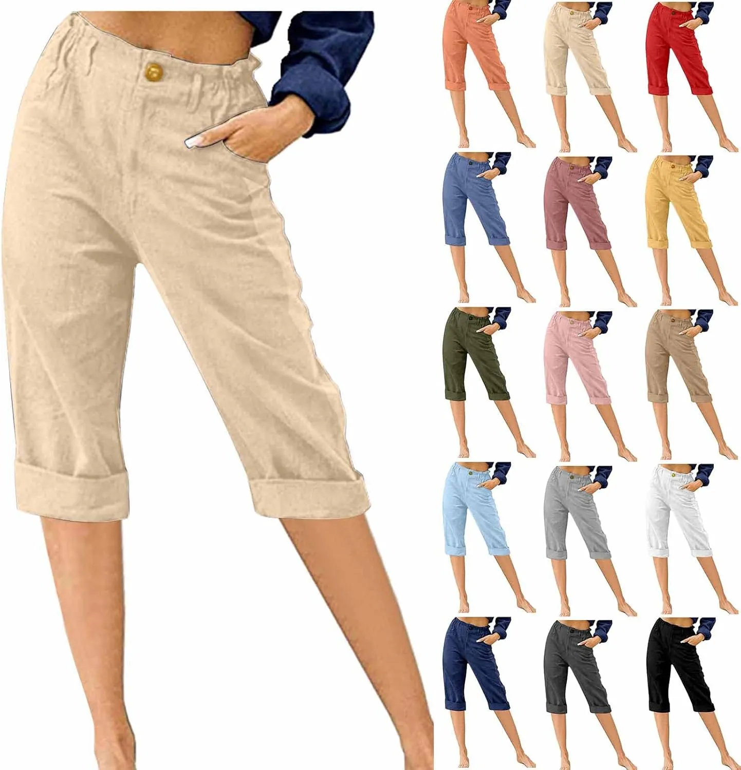 LRMQS Womens Capri Pants Summer Trendy Casual Elastic Waist Cropped Trouser Fashion Resort Wear Beach Vacation Capris Clothes