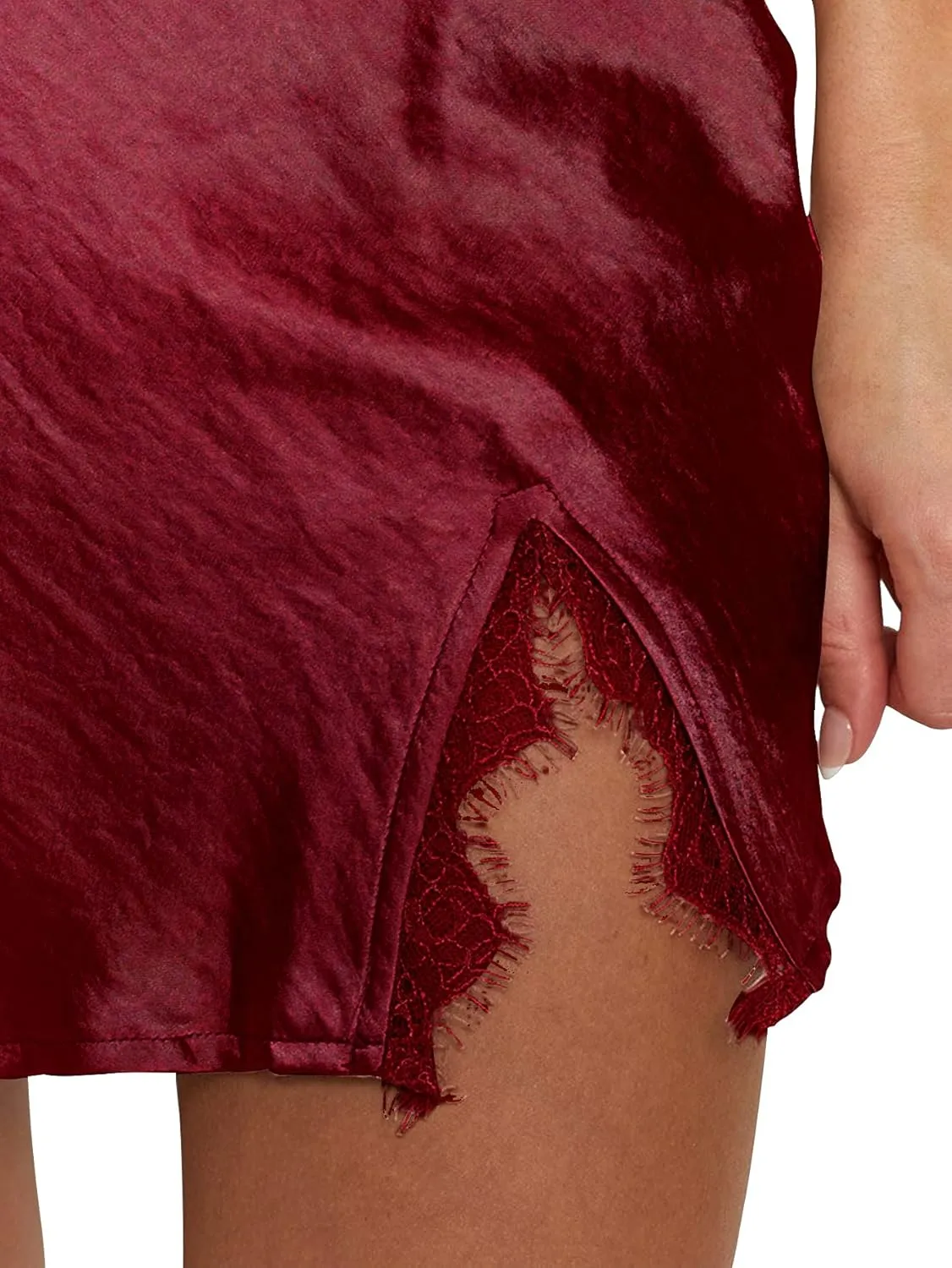 LYANER Women's Satin Silky Lace Trim Split Slit Hem Zipper High Wasit Mini Short Skirt