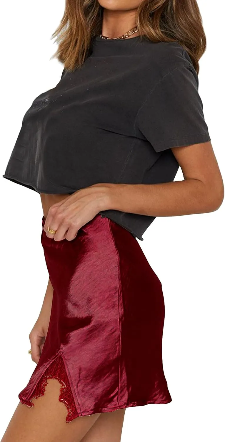 LYANER Women's Satin Silky Lace Trim Split Slit Hem Zipper High Wasit Mini Short Skirt