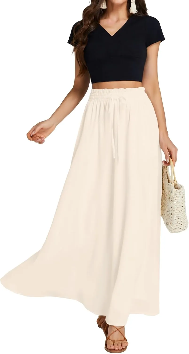 LYANER Women's Shirred Smocked Frill Drawstring Pleated High Waist Solid Maxi Skirt