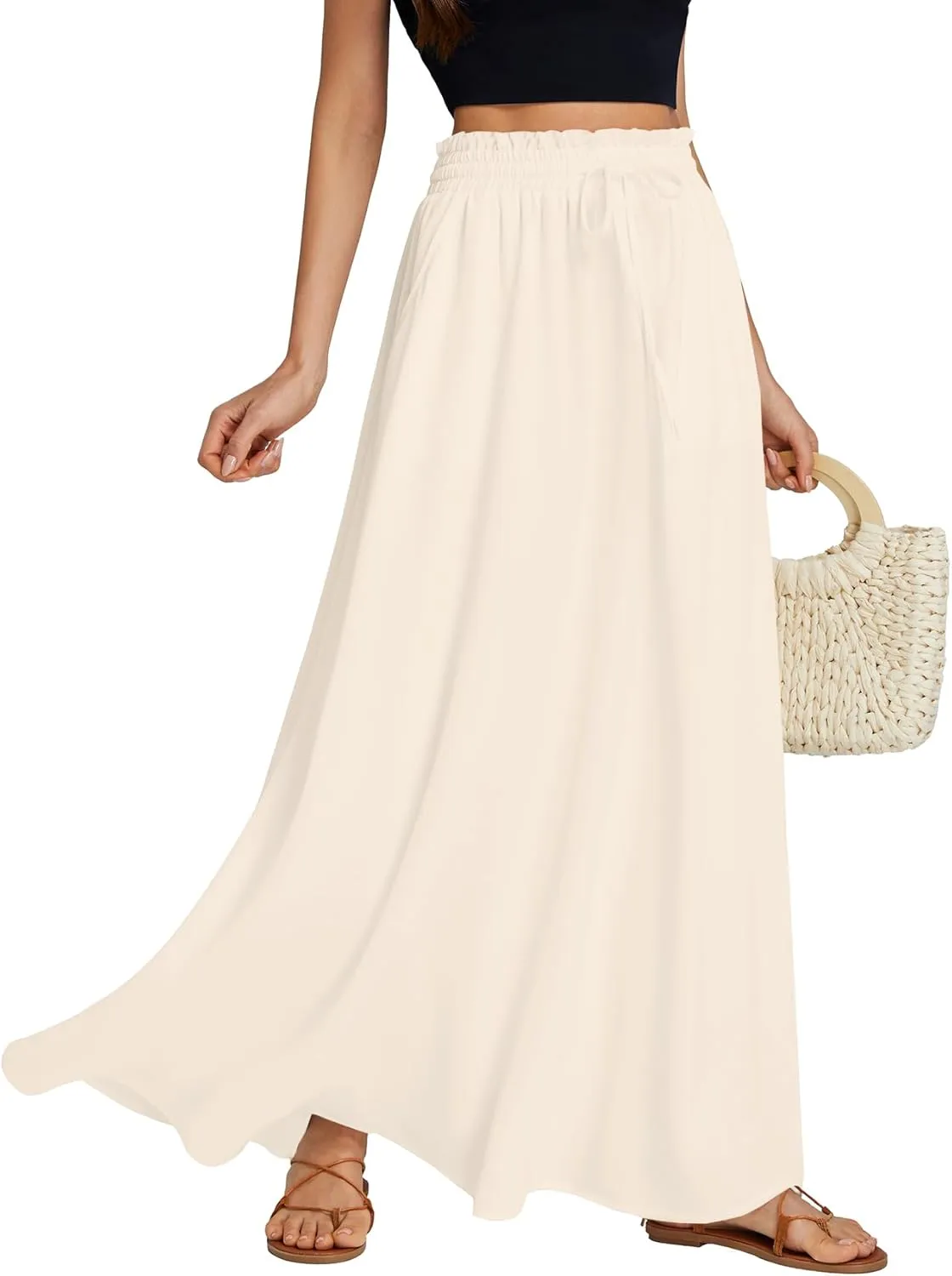 LYANER Women's Shirred Smocked Frill Drawstring Pleated High Waist Solid Maxi Skirt
