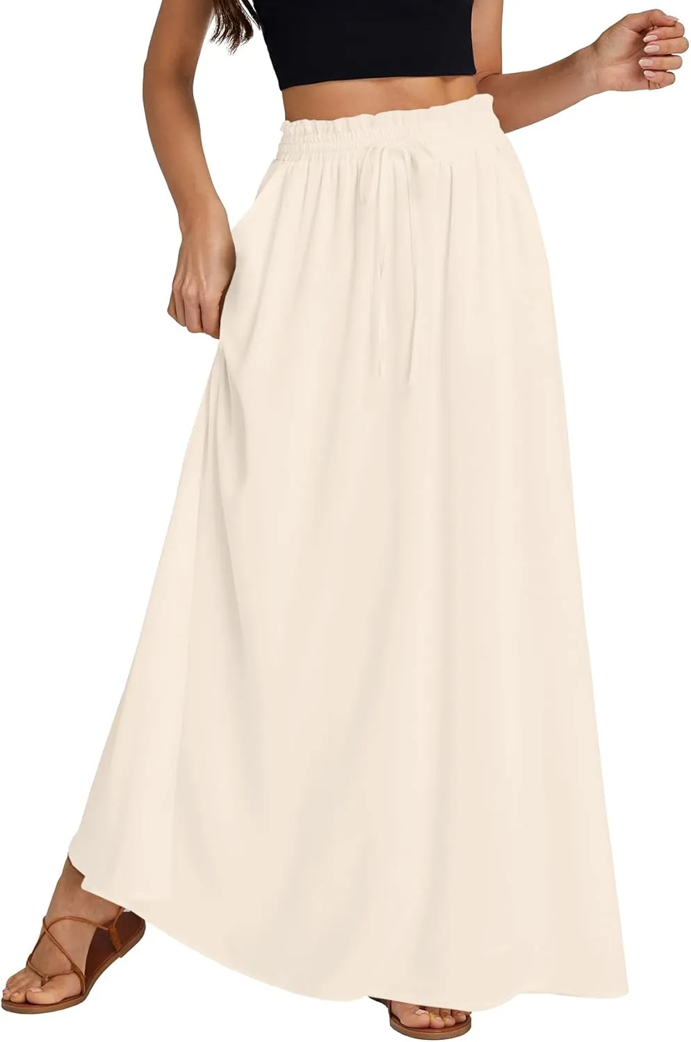 LYANER Women's Shirred Smocked Frill Drawstring Pleated High Waist Solid Maxi Skirt