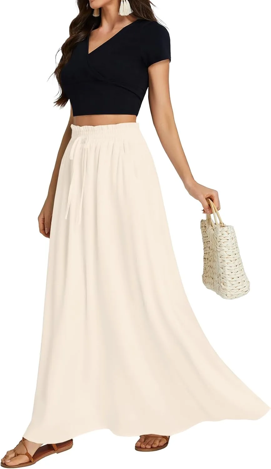 LYANER Women's Shirred Smocked Frill Drawstring Pleated High Waist Solid Maxi Skirt