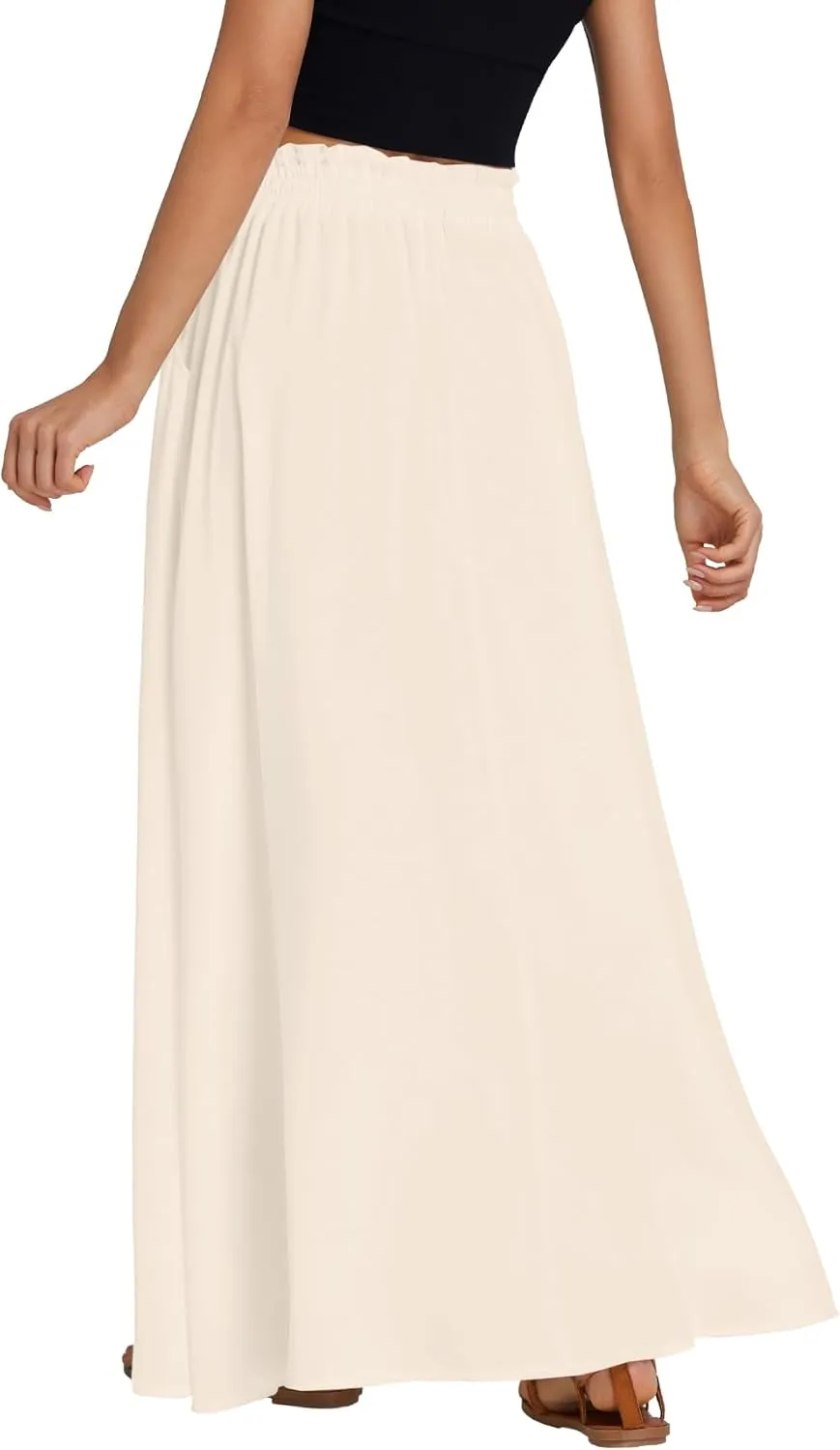 LYANER Women's Shirred Smocked Frill Drawstring Pleated High Waist Solid Maxi Skirt