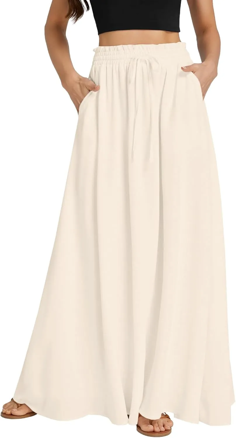 LYANER Women's Shirred Smocked Frill Drawstring Pleated High Waist Solid Maxi Skirt