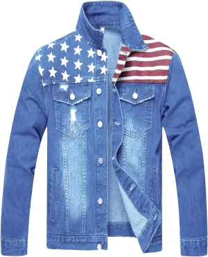 LZLER Denim Jacket Men American Flag Trucker Jackets Classic Slim Fit Jean Jacket for Men
