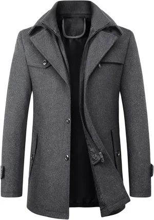 Maiyifu-GJ Mens Layered Collar Pea Coat Single Breasted Quilted Lined Military Peacoat Winter Lapel Wool Blend Trench Jacket