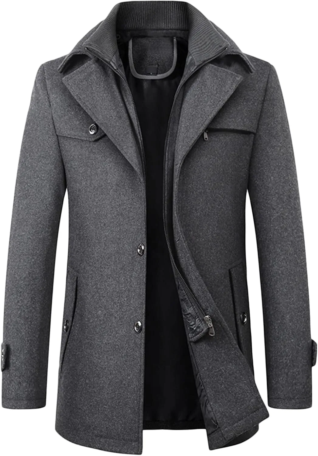 Maiyifu-GJ Mens Layered Collar Pea Coat Single Breasted Quilted Lined Military Peacoat Winter Lapel Wool Blend Trench Jacket