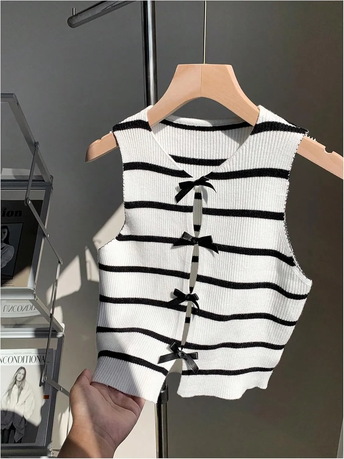 MakeMeChic Women's Bow Knot Sweater Vest Crew Neck Sleeveless Knit Vest Top