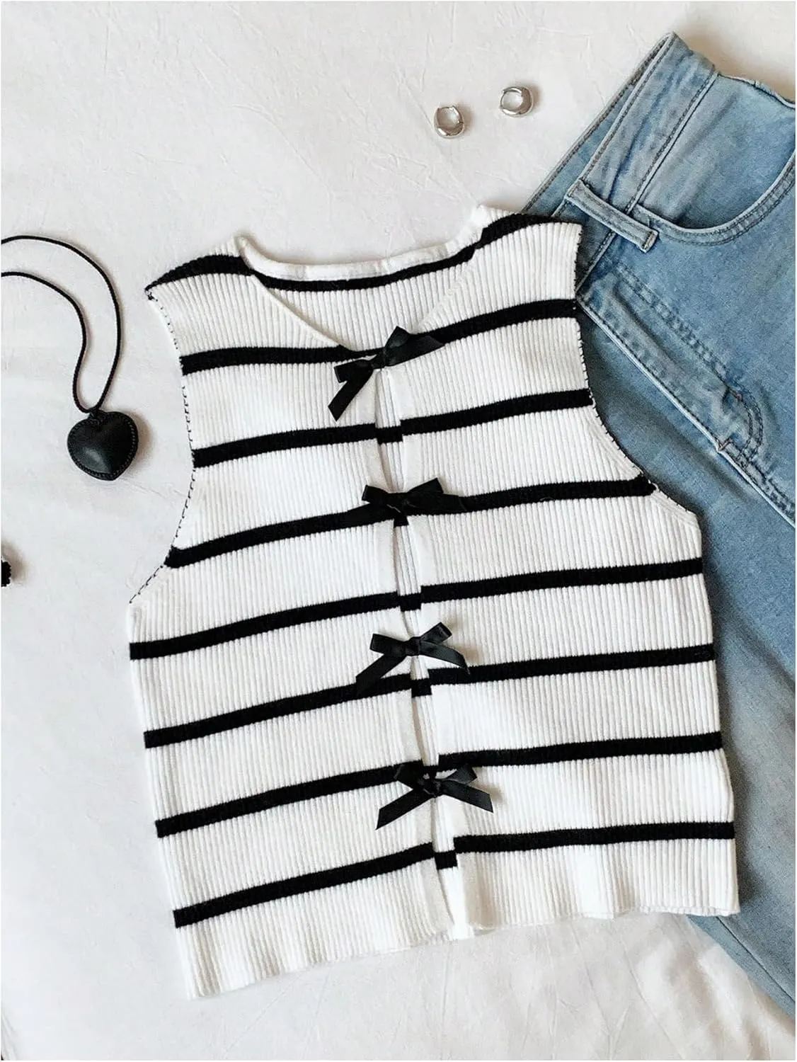 MakeMeChic Women's Bow Knot Sweater Vest Crew Neck Sleeveless Knit Vest Top
