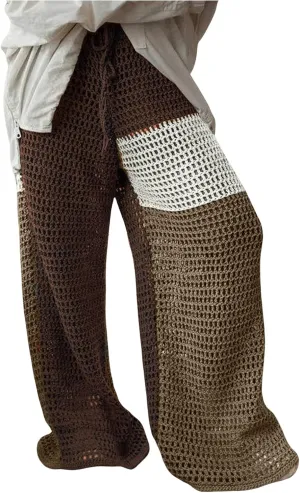 MakeMeChic Women's Crochet Wide Leg Pants Tie Waist Colorblock Hollow Out Trousers Knit Baggy Y2K Trousers