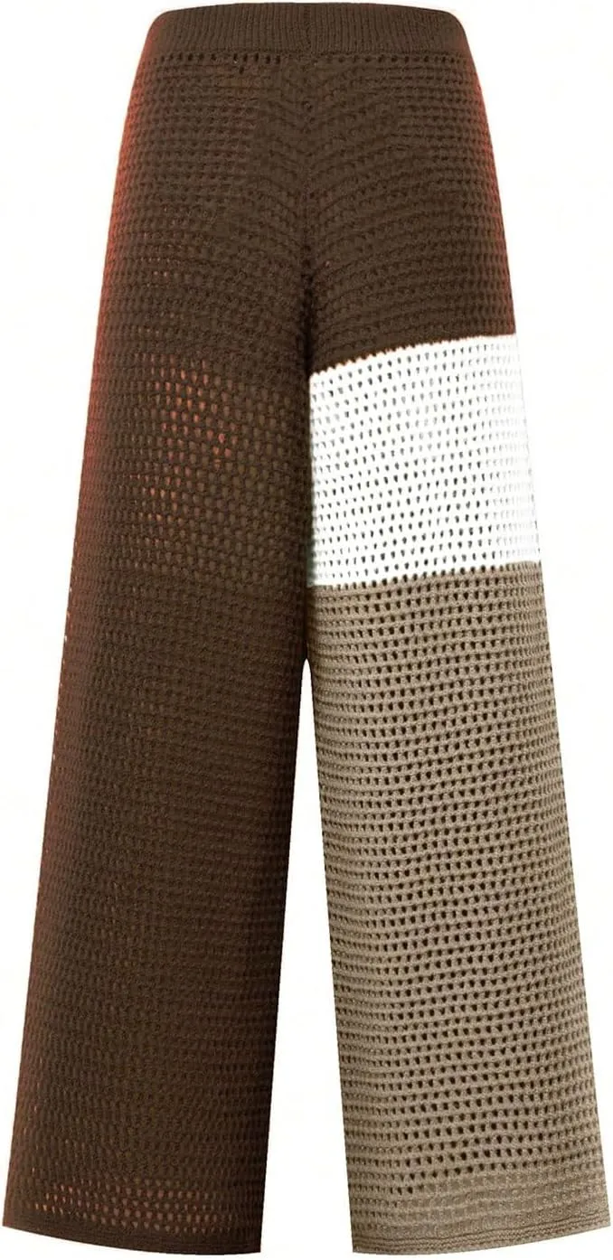 MakeMeChic Women's Crochet Wide Leg Pants Tie Waist Colorblock Hollow Out Trousers Knit Baggy Y2K Trousers