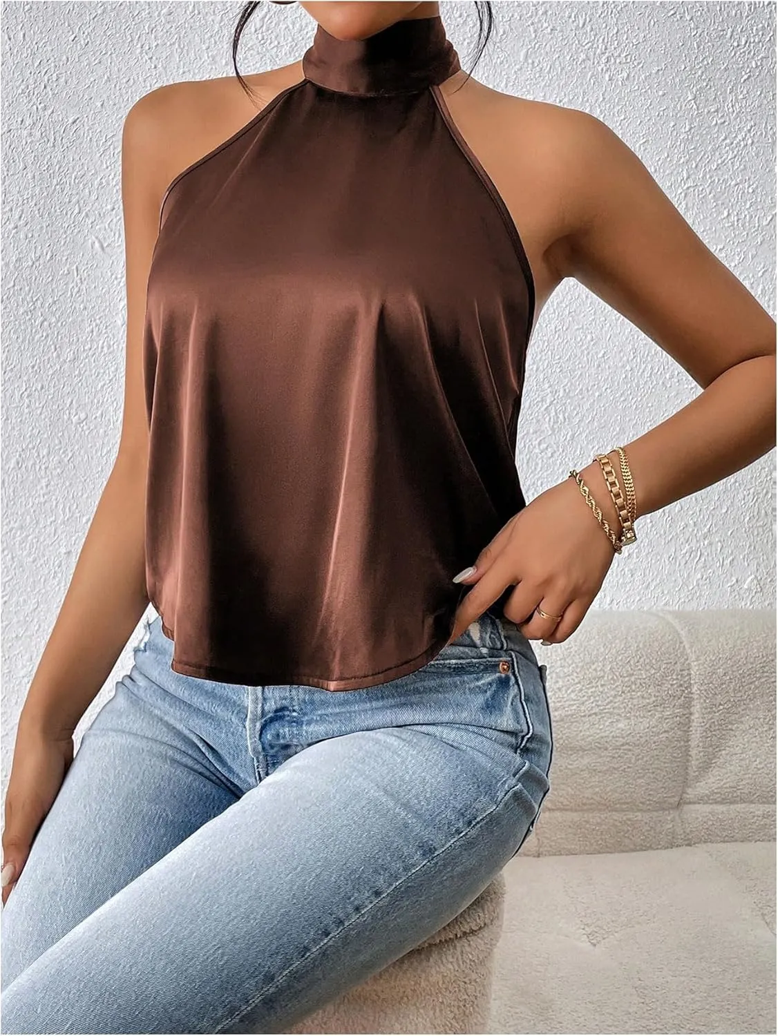 MakeMeChic Women's Halter Tops Satin Silk Backless Sleeveless Summer Camisole Going Out Top