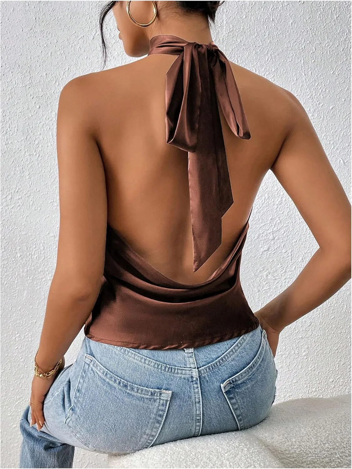 MakeMeChic Women's Halter Tops Satin Silk Backless Sleeveless Summer Camisole Going Out Top