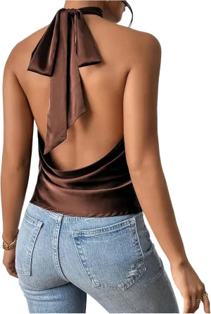 MakeMeChic Women's Halter Tops Satin Silk Backless Sleeveless Summer Camisole Going Out Top