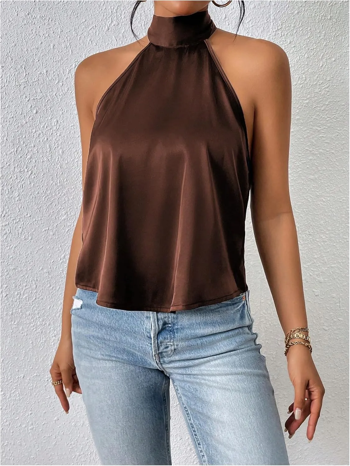 MakeMeChic Women's Halter Tops Satin Silk Backless Sleeveless Summer Camisole Going Out Top