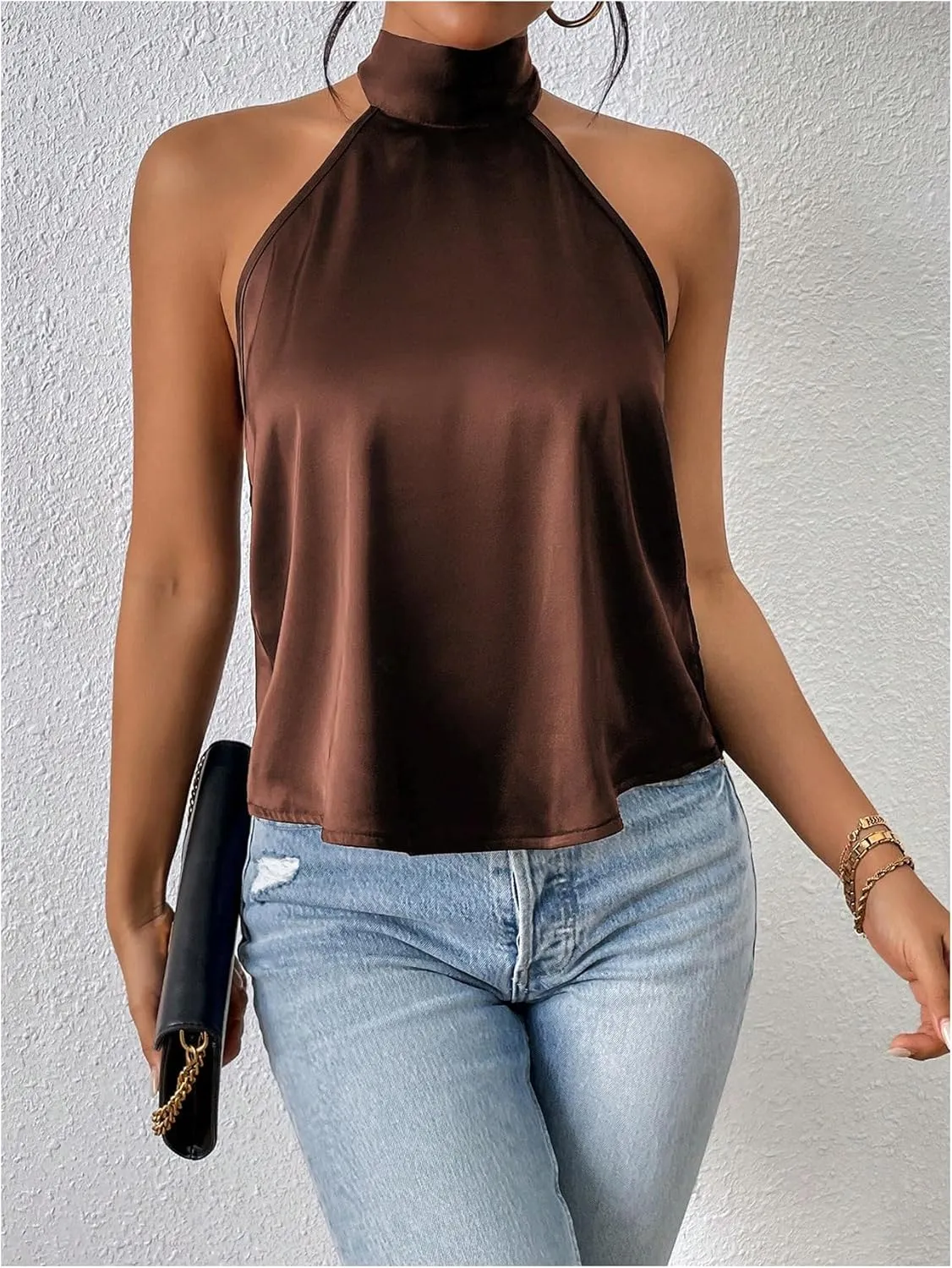 MakeMeChic Women's Halter Tops Satin Silk Backless Sleeveless Summer Camisole Going Out Top