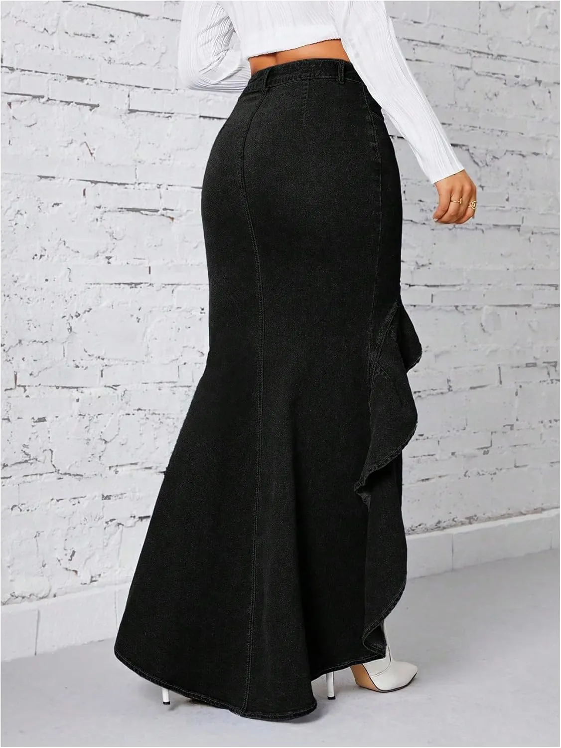 MakeMeChic Women's High Low Skinny Fit Denim Skirts Ruffle Trim Zip Up Maxi Jean Skirt