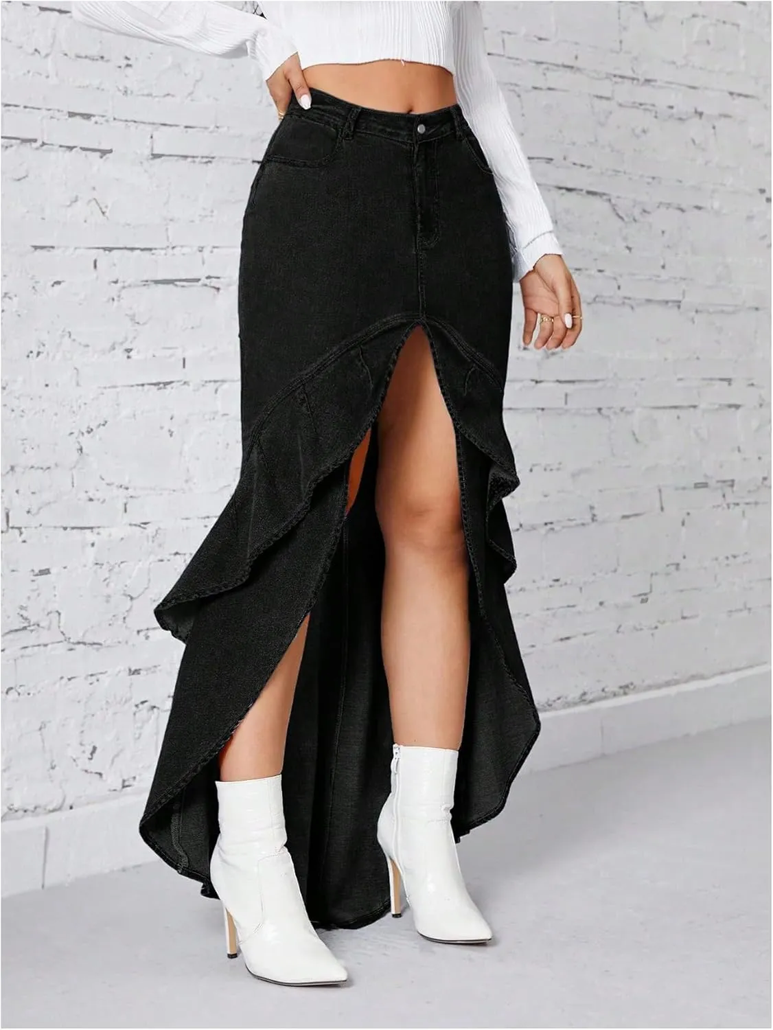 MakeMeChic Women's High Low Skinny Fit Denim Skirts Ruffle Trim Zip Up Maxi Jean Skirt