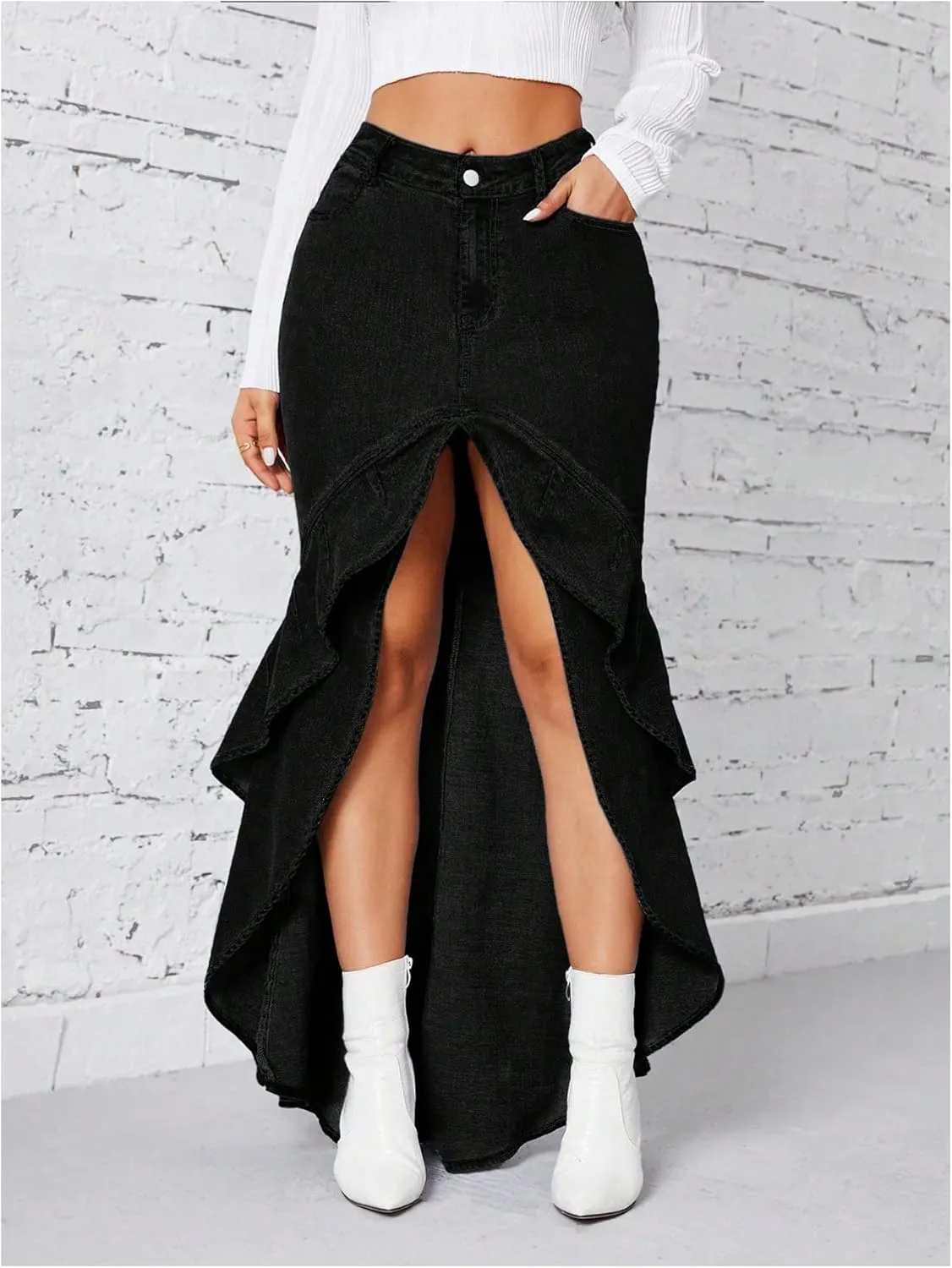 MakeMeChic Women's High Low Skinny Fit Denim Skirts Ruffle Trim Zip Up Maxi Jean Skirt