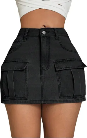 MakeMeChic Women's High Waist Jean Shirts Zip Fly Flap Pocket Bodycon Mini Denim Skirt