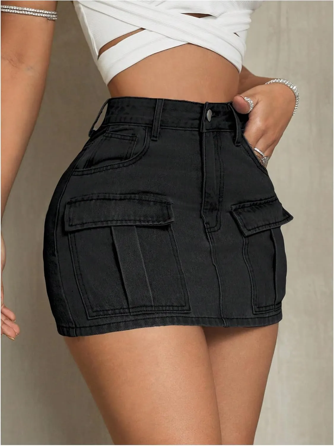 MakeMeChic Women's High Waist Jean Shirts Zip Fly Flap Pocket Bodycon Mini Denim Skirt