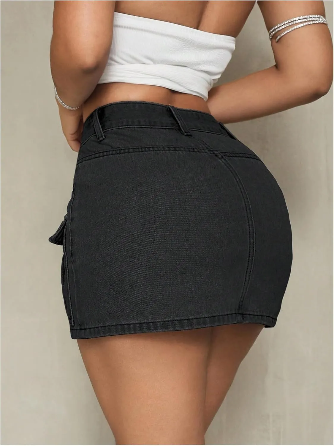MakeMeChic Women's High Waist Jean Shirts Zip Fly Flap Pocket Bodycon Mini Denim Skirt