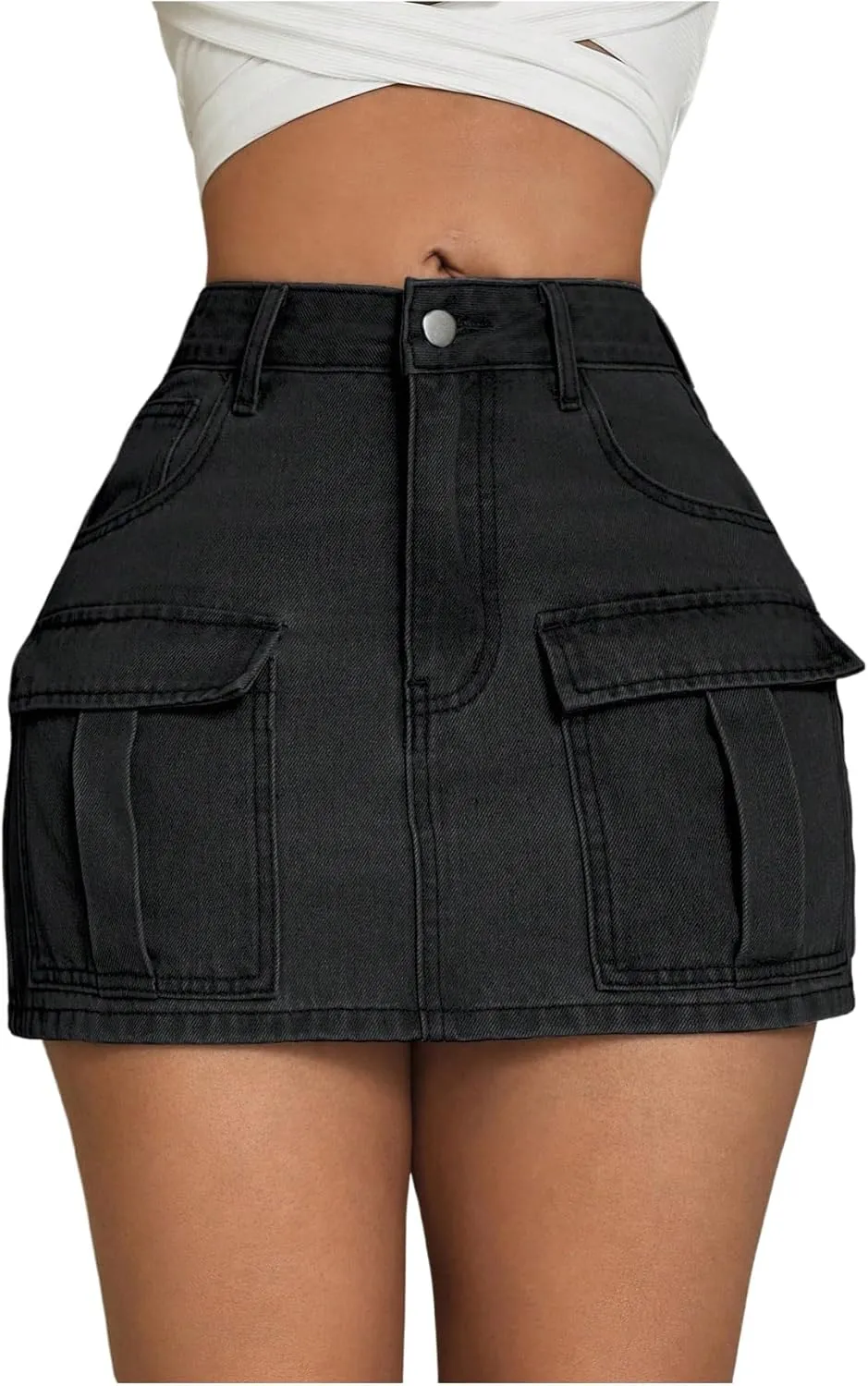 MakeMeChic Women's High Waist Jean Shirts Zip Fly Flap Pocket Bodycon Mini Denim Skirt