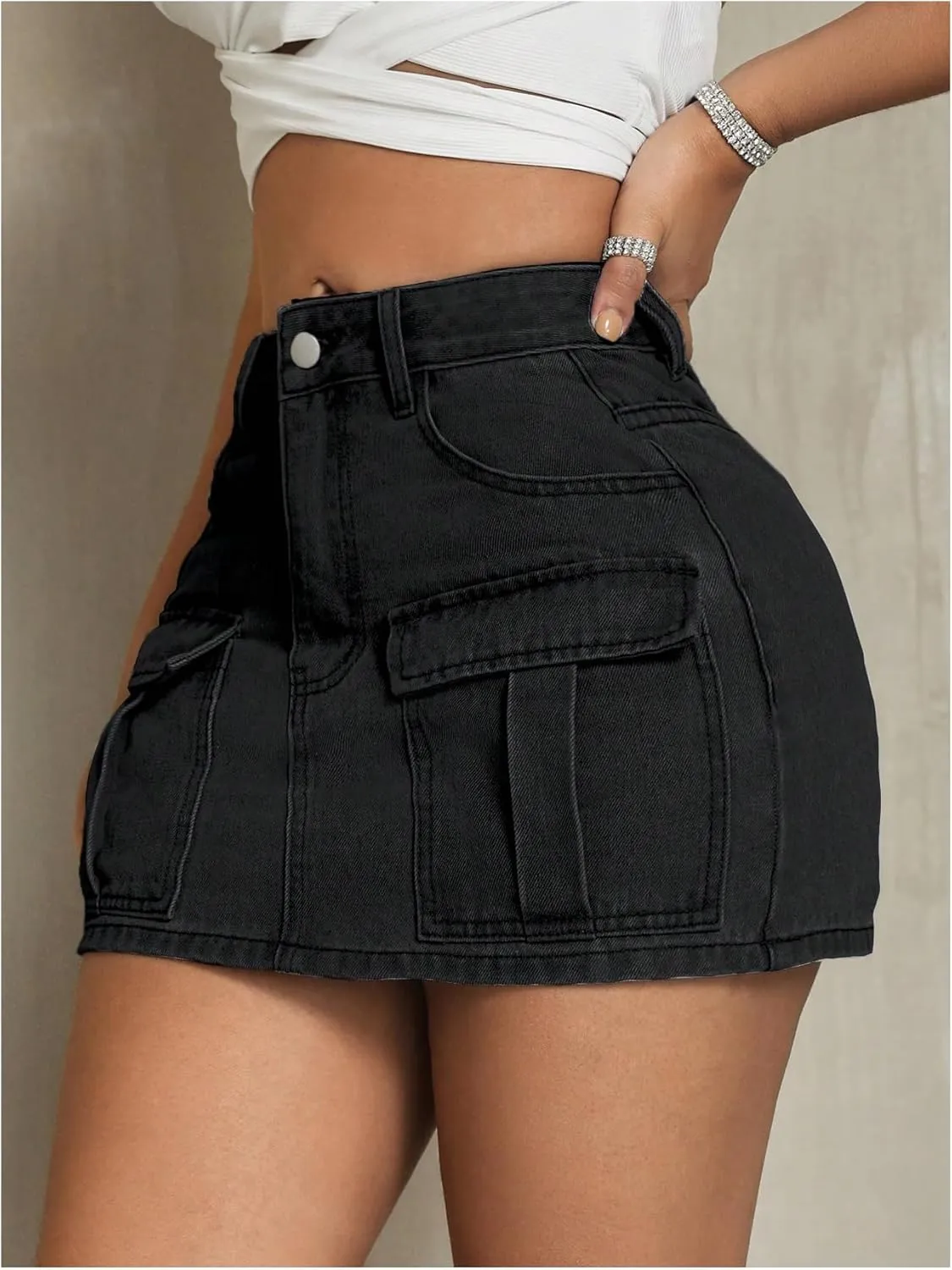 MakeMeChic Women's High Waist Jean Shirts Zip Fly Flap Pocket Bodycon Mini Denim Skirt