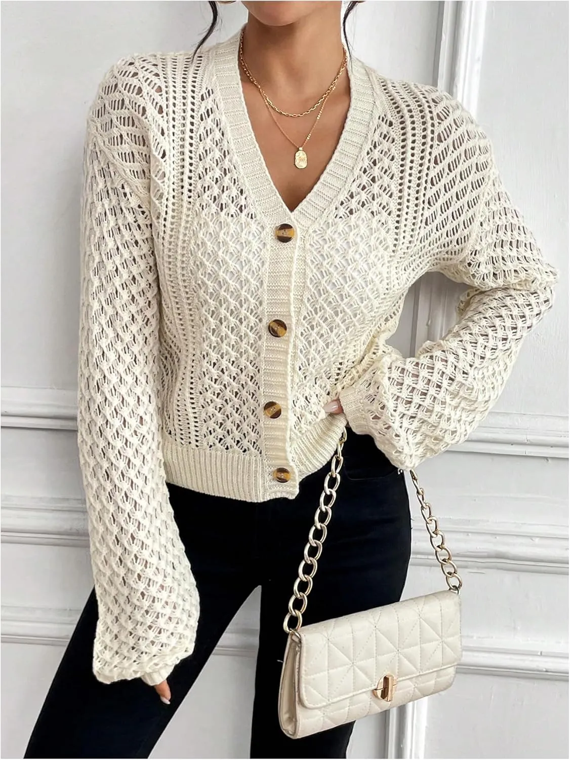 MakeMeChic Women's Hollow Out Crochet Lightweight Cardigan Sweater Button Down Long Sleeve V Neck Knitted Outerwear