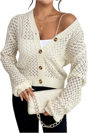 MakeMeChic Women's Hollow Out Crochet Lightweight Cardigan Sweater Button Down Long Sleeve V Neck Knitted Outerwear