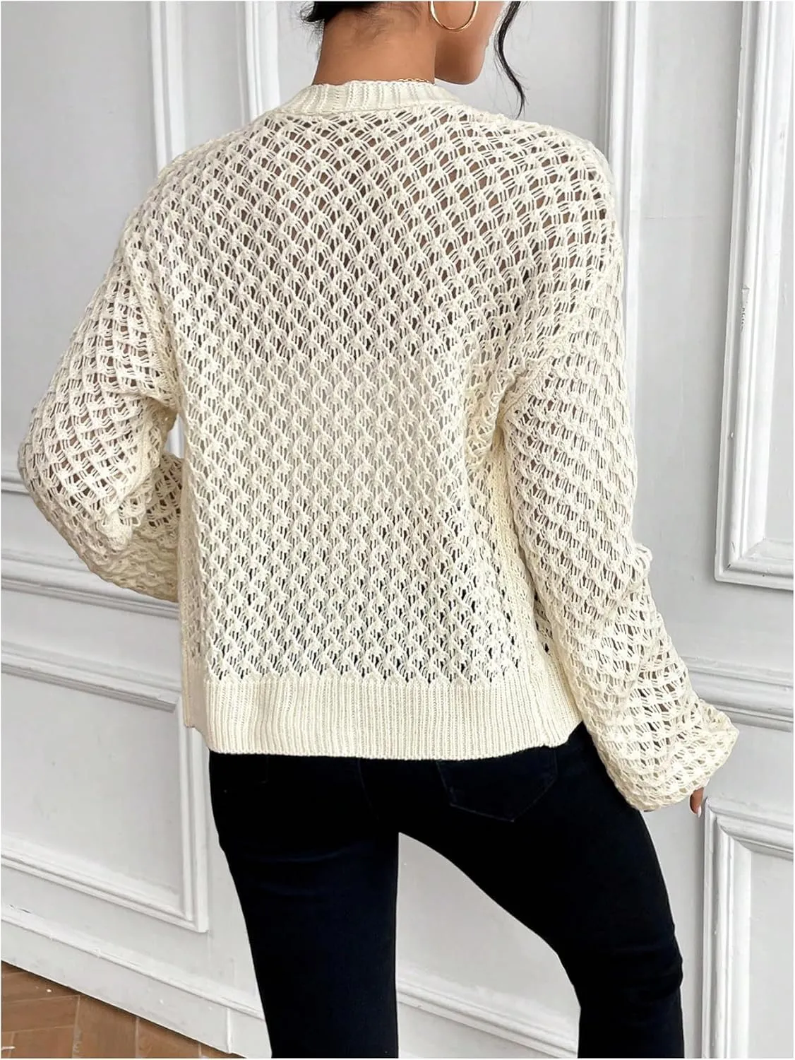 MakeMeChic Women's Hollow Out Crochet Lightweight Cardigan Sweater Button Down Long Sleeve V Neck Knitted Outerwear