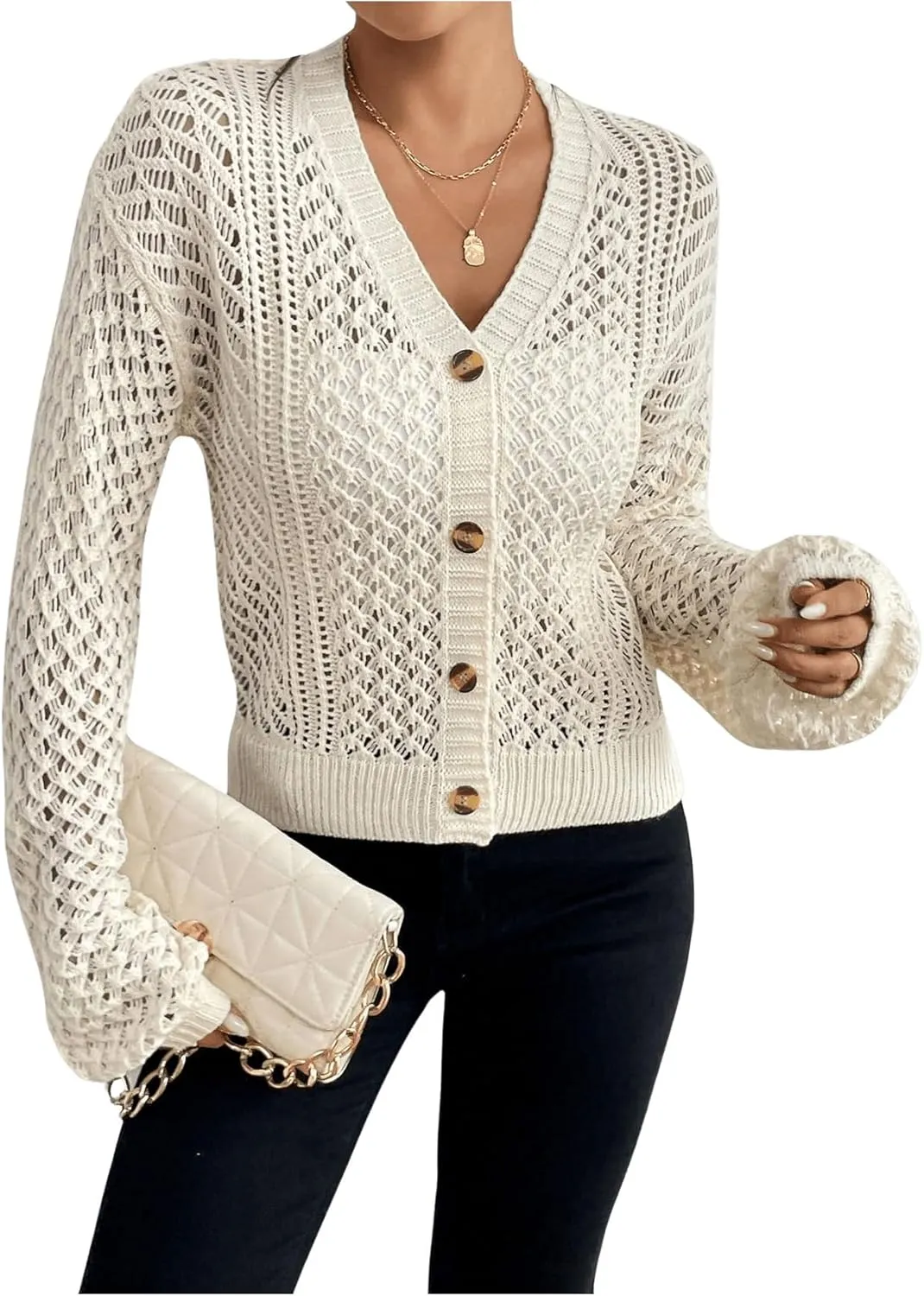 MakeMeChic Women's Hollow Out Crochet Lightweight Cardigan Sweater Button Down Long Sleeve V Neck Knitted Outerwear
