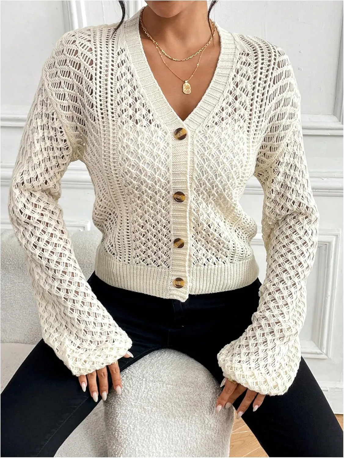 MakeMeChic Women's Hollow Out Crochet Lightweight Cardigan Sweater Button Down Long Sleeve V Neck Knitted Outerwear