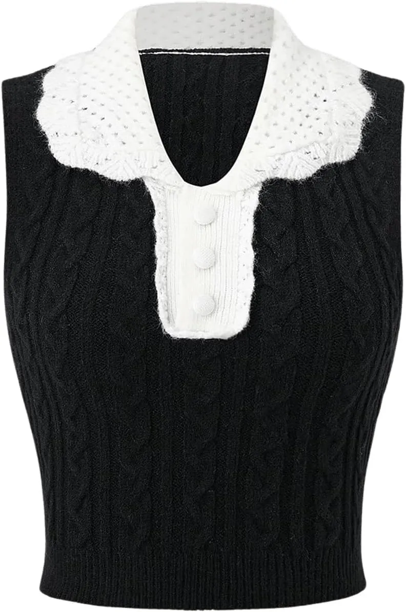 MakeMeChic Women's Knit Tank Top Collared Sleeveless Sweater Vest Knitwear Crop Tops