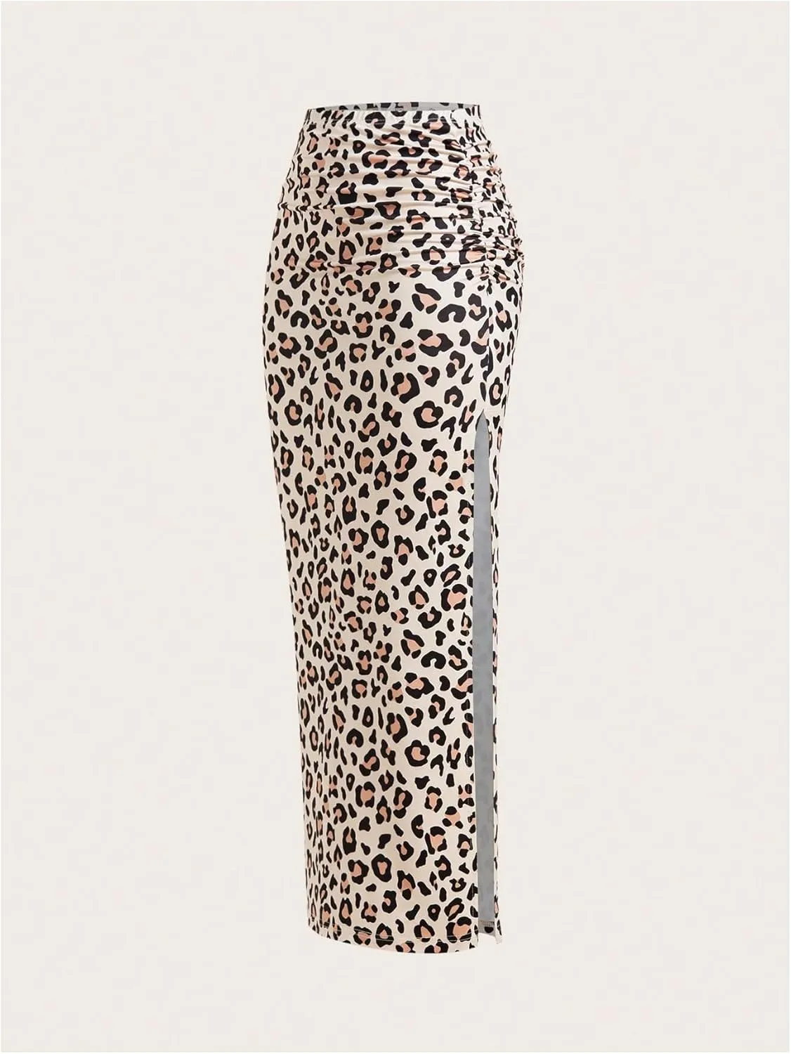 MakeMeChic Women's Leopard Print Split Thigh Ruched Skinny Fit Bodycon Long Maxi Skirts