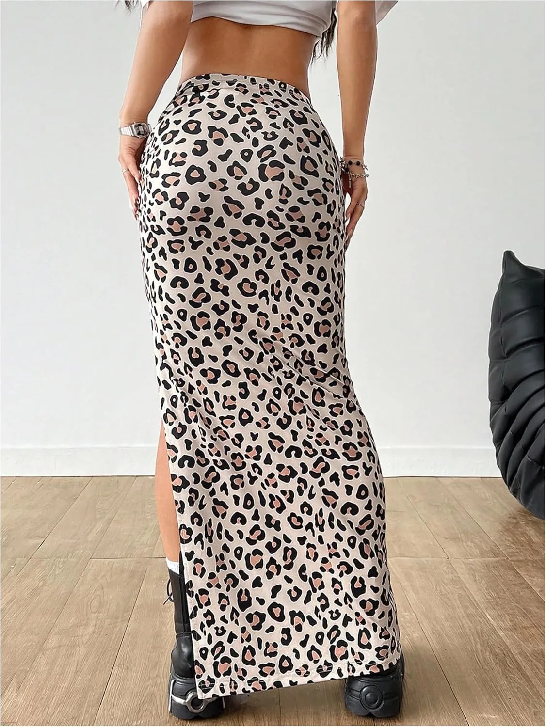 MakeMeChic Women's Leopard Print Split Thigh Ruched Skinny Fit Bodycon Long Maxi Skirts