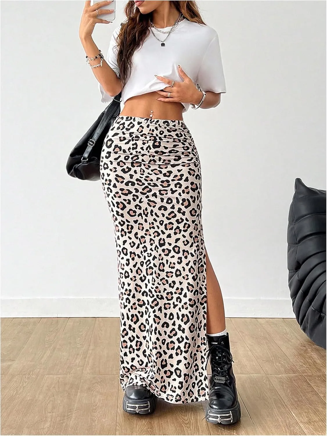 MakeMeChic Women's Leopard Print Split Thigh Ruched Skinny Fit Bodycon Long Maxi Skirts