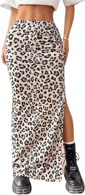 MakeMeChic Women's Leopard Print Split Thigh Ruched Skinny Fit Bodycon Long Maxi Skirts