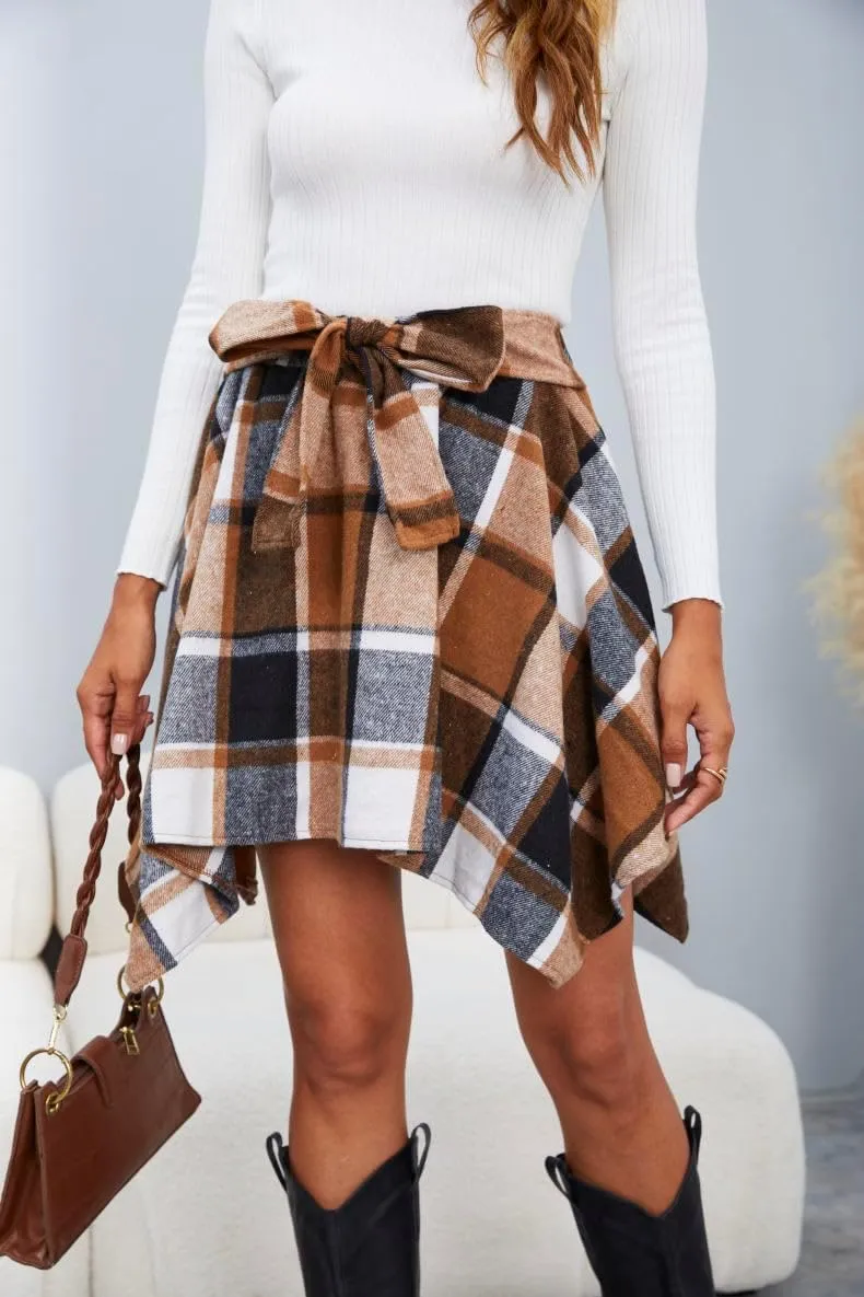 MakeMeChic Women's Plaid Bow Tie Front Skirt Elastic High Waisted Asymmetrical Mini Skirts