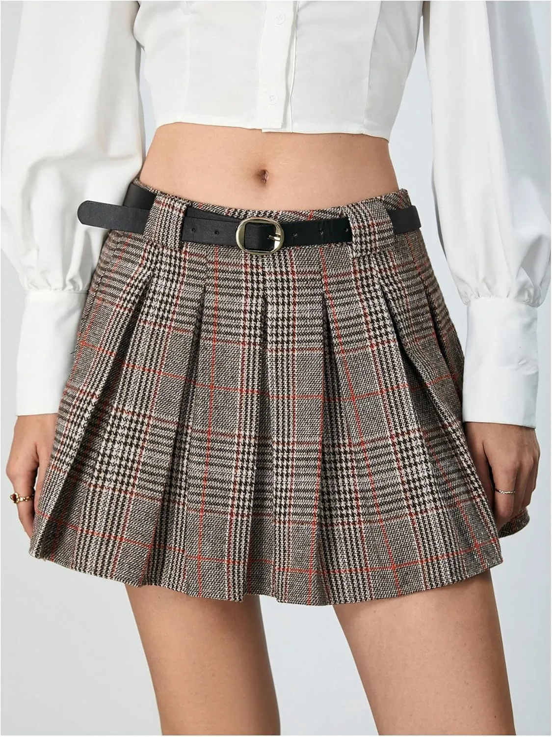 MakeMeChic Women's Pleated Mini Skirt Plaid Print Flared Hem A Line Belted Preppy Short Skirts