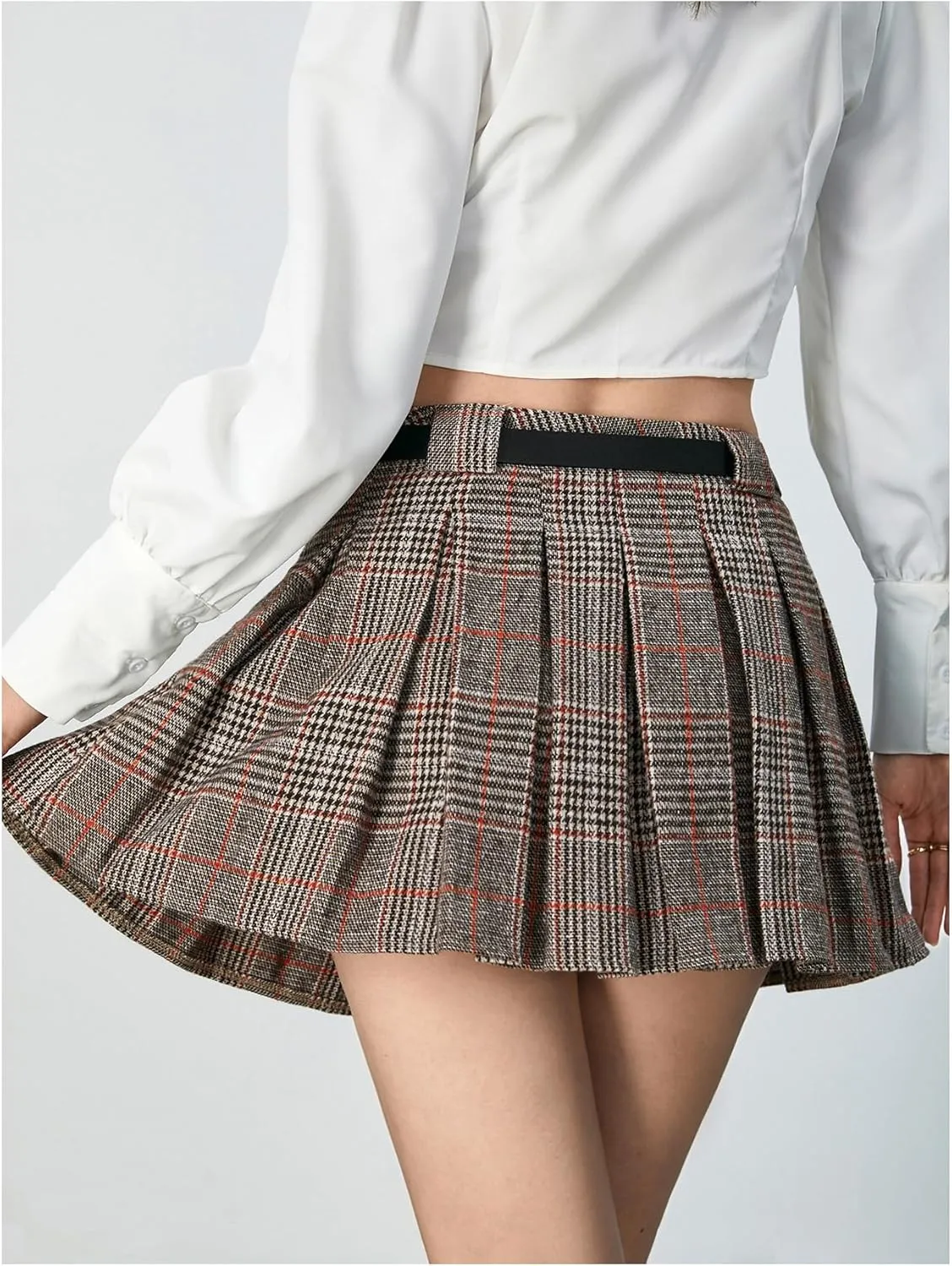 MakeMeChic Women's Pleated Mini Skirt Plaid Print Flared Hem A Line Belted Preppy Short Skirts
