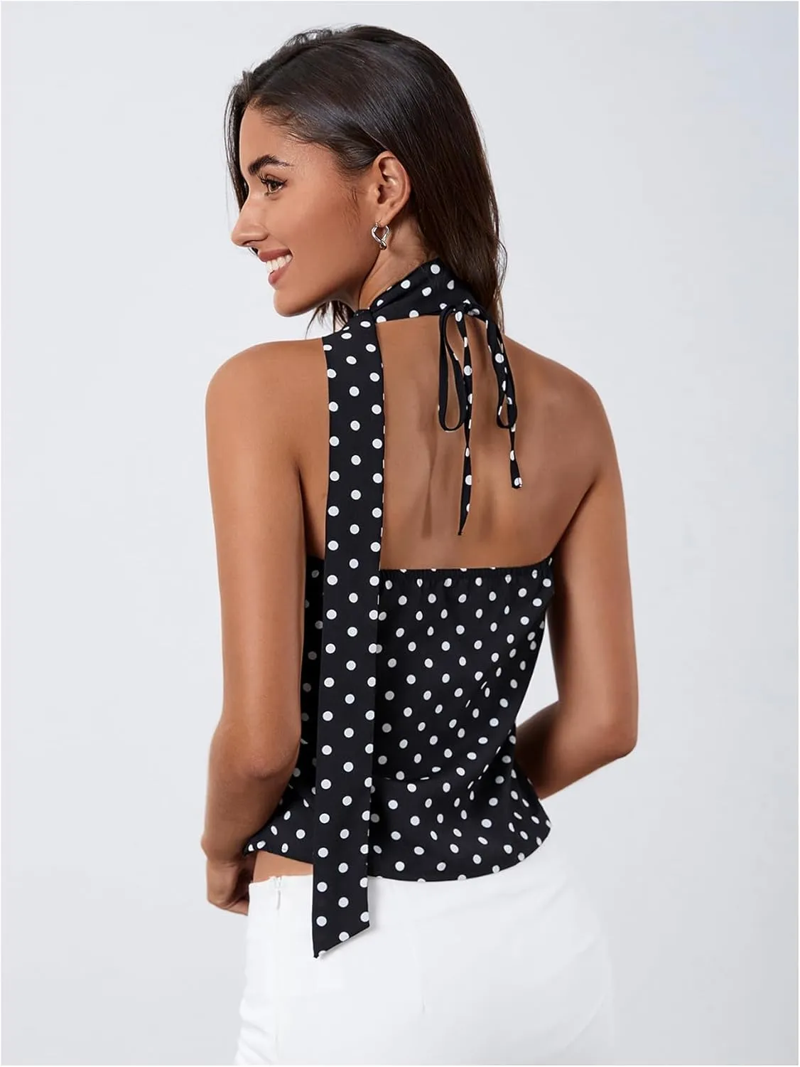 MakeMeChic Women's Polka Dots Halter Top V Neck Ruffle Backless Camisole with Scarf