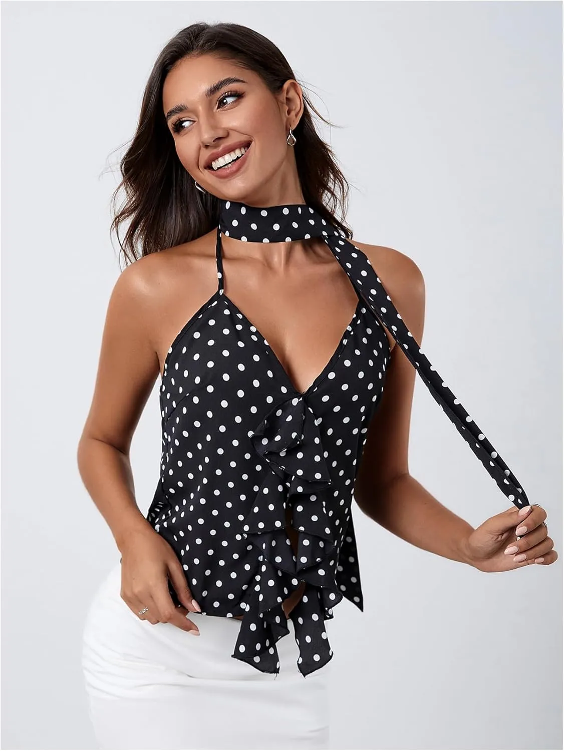 MakeMeChic Women's Polka Dots Halter Top V Neck Ruffle Backless Camisole with Scarf